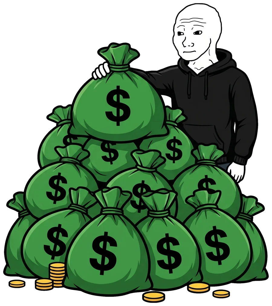 The bagholder beside a hoard of money bags